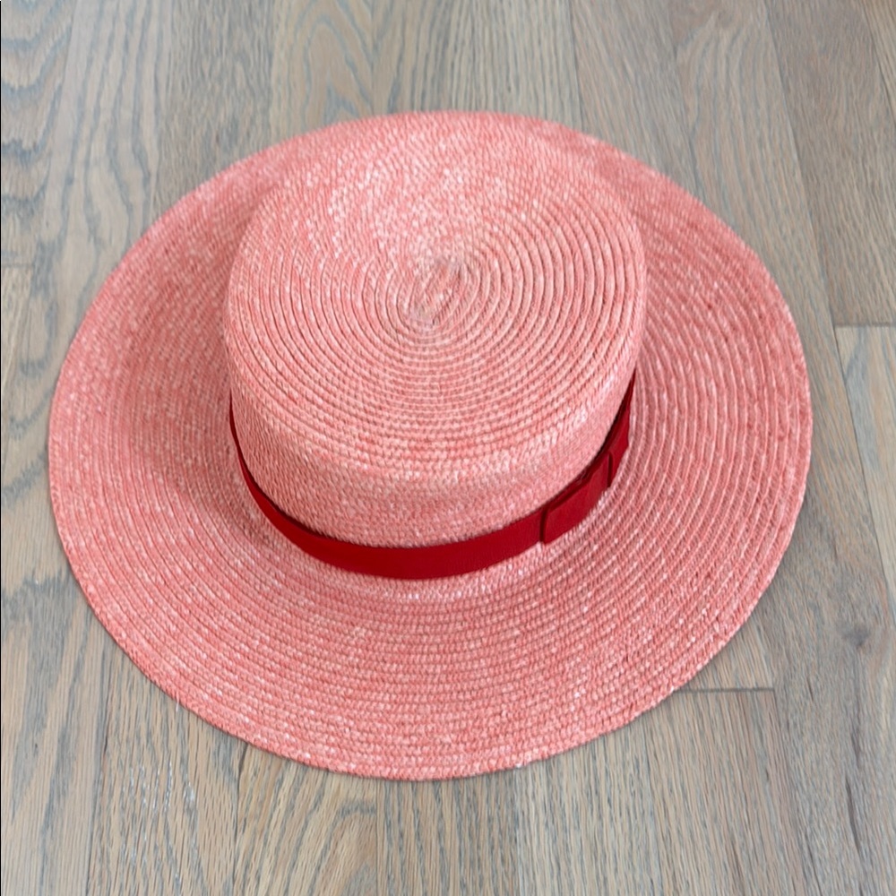 Lele Sadoughi Pink Sun Hat with Red Band